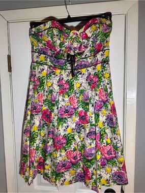London Times Strapless Floral Fit & Flare Dress Size 16 Watercolor Garden Party